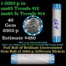 BU Shotgun Jefferson 5c roll, 2002-p 40 pcs Bank $2 Nickel Wrapper