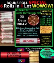 THIS AUCTION ONLY! BU Shotgun Lincoln 1c roll, 1964-d 50 pcs Plus THREE bonus random date BU roll! B