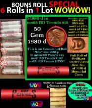 THIS AUCTION ONLY! BU Shotgun Lincoln 1c roll, 1980-d 50 pcs Plus FIVE bonus random date BU roll! Ba