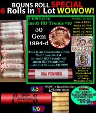 THIS AUCTION ONLY! BU Shotgun Lincoln 1c roll, 1994-d 50 pcs Plus THREE bonus random date BU roll! B