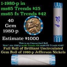 BU Shotgun Jefferson 5c roll, 1980-p 40 pcs Bank $2 Nickel Wrapper