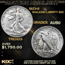 ***Auction Highlight*** 1923-s Walking Liberty Half Dollar 50c Grades AU, Almost Unc (fc)