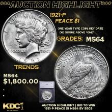 ***Auction Highlight*** 1921-p Peace Dollar $1 Graded ms64 BY SEGS (fc)