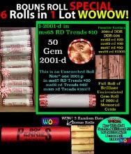 THIS AUCTION ONLY! BU Shotgun Lincoln 1c roll, 2001-d 50 pcs Plus FIVE bonus random date BU roll! Ba