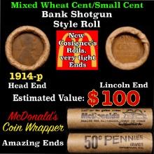 Lincoln Wheat Cent 1c Mixed Roll Orig Brandt McDonalds Wrapper, 1914-p end, Wheat other end