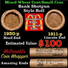 Lincoln Wheat Cent 1c Mixed Roll Orig Brandt McDonalds Wrapper, 1911-p end, Wheat other end