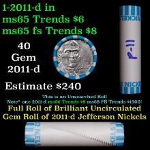 BU Shotgun Jefferson 5c roll, 2011-d 40 pcs Bank $2 Nickel Wrapper