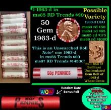 THIS AUCTION ONLY! BU Shotgun Lincoln 1c roll, 1963-d 50 pcs Plus one bonus random date BU roll! Ban