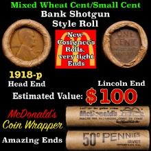 Lincoln Wheat Cent 1c Mixed Roll Orig Brandt McDonalds Wrapper, 1918-p end, Wheat other end