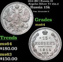 1914 (BC) Russia 15 Kopeks Silver Y# 21a.2 Grades Choice Unc