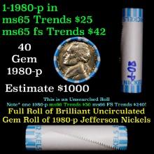 BU Shotgun Jefferson 5c roll, 1980-p 40 pcs Bank $2 Nickel Wrapper