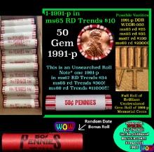 THIS AUCTION ONLY! BU Shotgun Lincoln 1c roll, 1991-p 50 pcs Plus one bonus random date BU roll! Ban