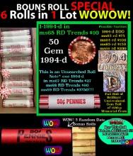 THIS AUCTION ONLY! BU Shotgun Lincoln 1c roll, 1994-d 50 pcs Plus FIVE bonus random date BU roll! Ba