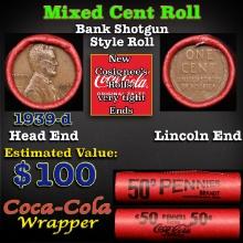 Mixed small cents 1c orig shotgun roll, 1939-d Lincoln Cent, Wheat Cent other end, Brandt Coca Cola