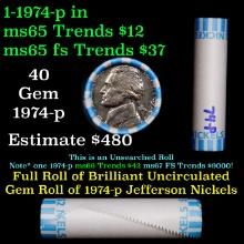 BU Shotgun Jefferson 5c roll, 1974-p 40 pcs Bank $2 Nickel Wrapper