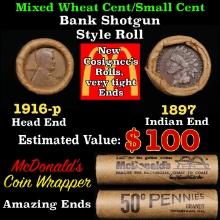 Small Cent Mixed Roll Orig Brandt McDonalds Wrapper, 1916-p Lincoln Wheat end, 1897 Indian other end