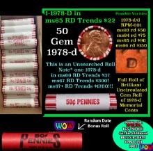 THIS AUCTION ONLY! BU Shotgun Lincoln 1c roll, 1978-d 50 pcs Plus one bonus random date BU roll! Ban