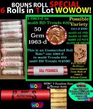 THIS AUCTION ONLY! BU Shotgun Lincoln 1c roll, 1963-d 50 pcs Plus FIVE bonus random date BU roll! Ba