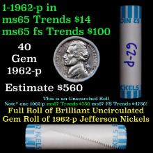 BU Shotgun Jefferson 5c roll, 1962-p 40 pcs Bank $2 Nickel Wrapper