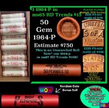 THIS AUCTION ONLY! BU Shotgun Lincoln 1c roll, 1964-p 50 pcs Plus one bonus random date BU roll! Ban