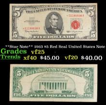 **Star Note** 1963 $5 Red Seal United States Note Grades vf+