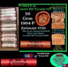 THIS AUCTION ONLY! BU Shotgun Lincoln 1c roll, 1964-p 50 pcs Plus one bonus random date BU roll! Ban