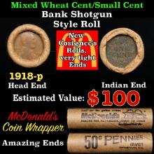 Small Cent Mixed Roll Orig Brandt McDonalds Wrapper, 1918-p Lincoln Wheat end, Indian other end, 50c