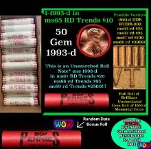 THIS AUCTION ONLY! BU Shotgun Lincoln 1c roll, 1993-d 50 pcs Plus one bonus random date BU roll! Ban