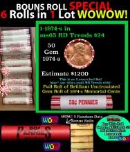 THIS AUCTION ONLY! BU Shotgun Lincoln 1c roll, 1974-s 50 pcs Plus FIVE bonus random date BU roll! Ba