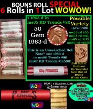 THIS AUCTION ONLY! BU Shotgun Lincoln 1c roll, 1963-d 50 pcs Plus THREE bonus random date BU roll! B