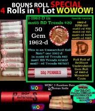 THIS AUCTION ONLY! BU Shotgun Lincoln 1c roll, 1962-d 50 pcs Plus THREE bonus random date BU roll! B