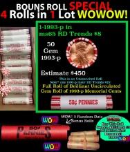 THIS AUCTION ONLY! BU Shotgun Lincoln 1c roll, 1993-p 50 pcs Plus THREE bonus random date BU roll! B