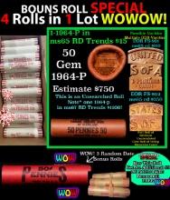 THIS AUCTION ONLY! BU Shotgun Lincoln 1c roll, 1964-p 50 pcs Plus THREE bonus random date BU roll! B