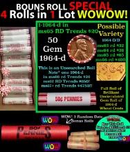 THIS AUCTION ONLY! BU Shotgun Lincoln 1c roll, 1964-d 50 pcs Plus THREE bonus random date BU roll! B