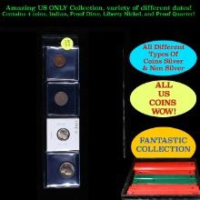 Intresting Page of 4 US Coins Indian 1c, Liberty "V" 5c, Silver Roosevelt 10c, Washington 25c
