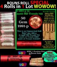 THIS AUCTION ONLY! BU Shotgun Lincoln 1c roll, 1991-p 50 pcs Plus THREE bonus random date BU roll! B