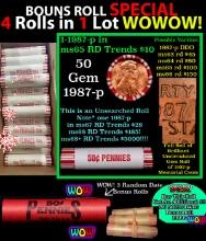 THIS AUCTION ONLY! BU Shotgun Lincoln 1c roll, 1987-p 50 pcs Plus THREE bonus random date BU roll! B