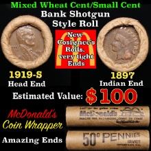 Small Cent Mixed Roll Orig Brandt McDonalds Wrapper, 1919-s Lincoln Wheat end, 1897 Indian other end