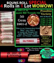 THIS AUCTION ONLY! BU Shotgun Lincoln 1c roll, 1961-d 50 pcs Plus THREE bonus random date BU roll! B