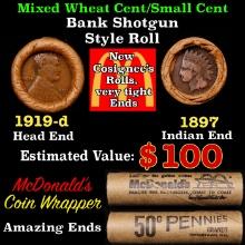 Small Cent Mixed Roll Orig Brandt McDonalds Wrapper, 1919-d Lincoln Wheat end, 1897 Indian other end