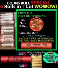 THIS AUCTION ONLY! BU Shotgun Lincoln 1c roll, 1990-p 50 pcs Plus FIVE bonus random date BU roll! Ba