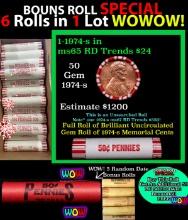 THIS AUCTION ONLY! BU Shotgun Lincoln 1c roll, 1974-s 50 pcs Plus FIVE bonus random date BU roll! Ba