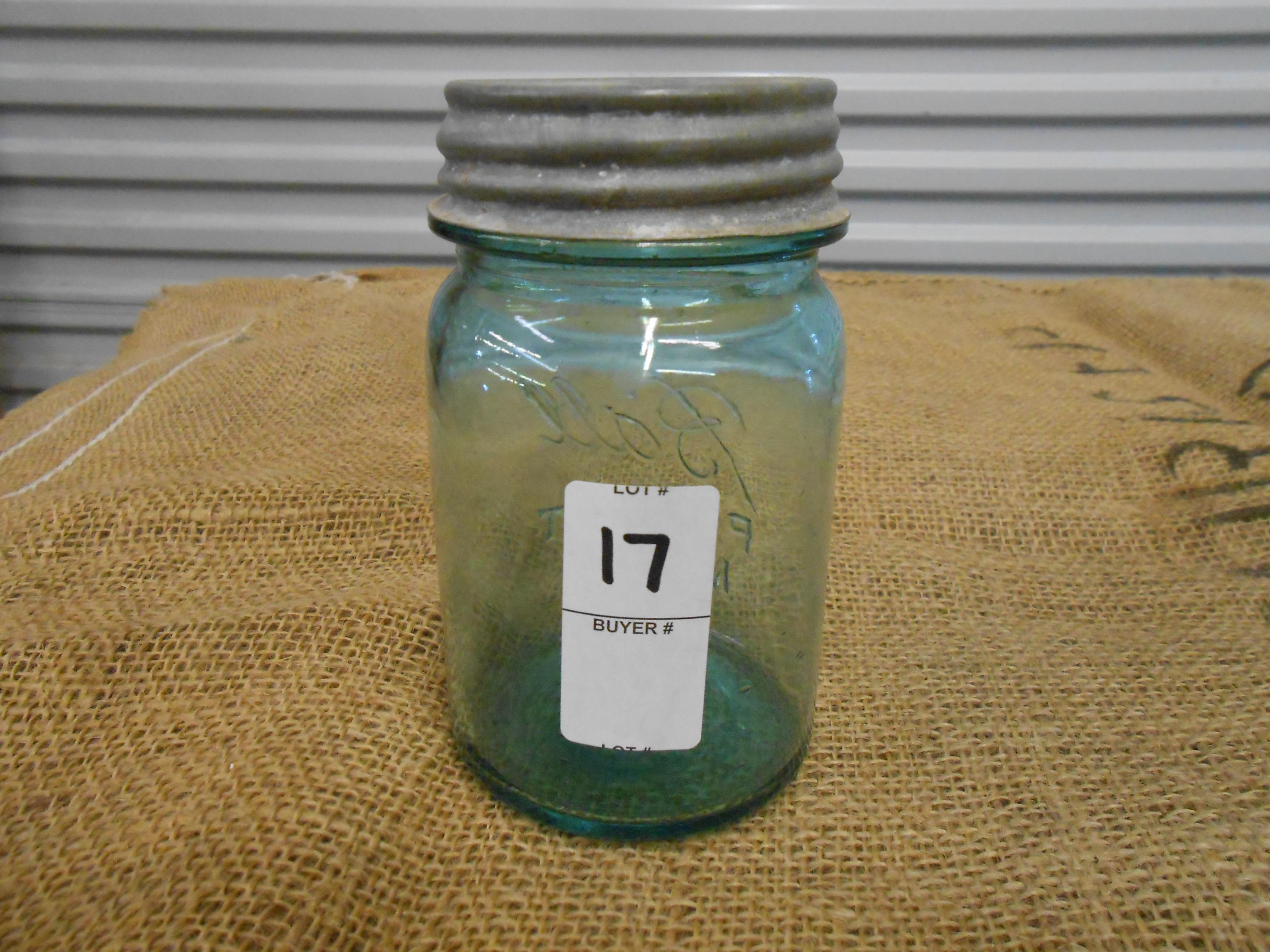 ANTIQUE GREEN PINT MASON JAR W/ ZINC LID