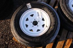 QTY 2) TRAILER TIRES ON 5 LUG WHEELS ST205 / 75-15, TAG #8498