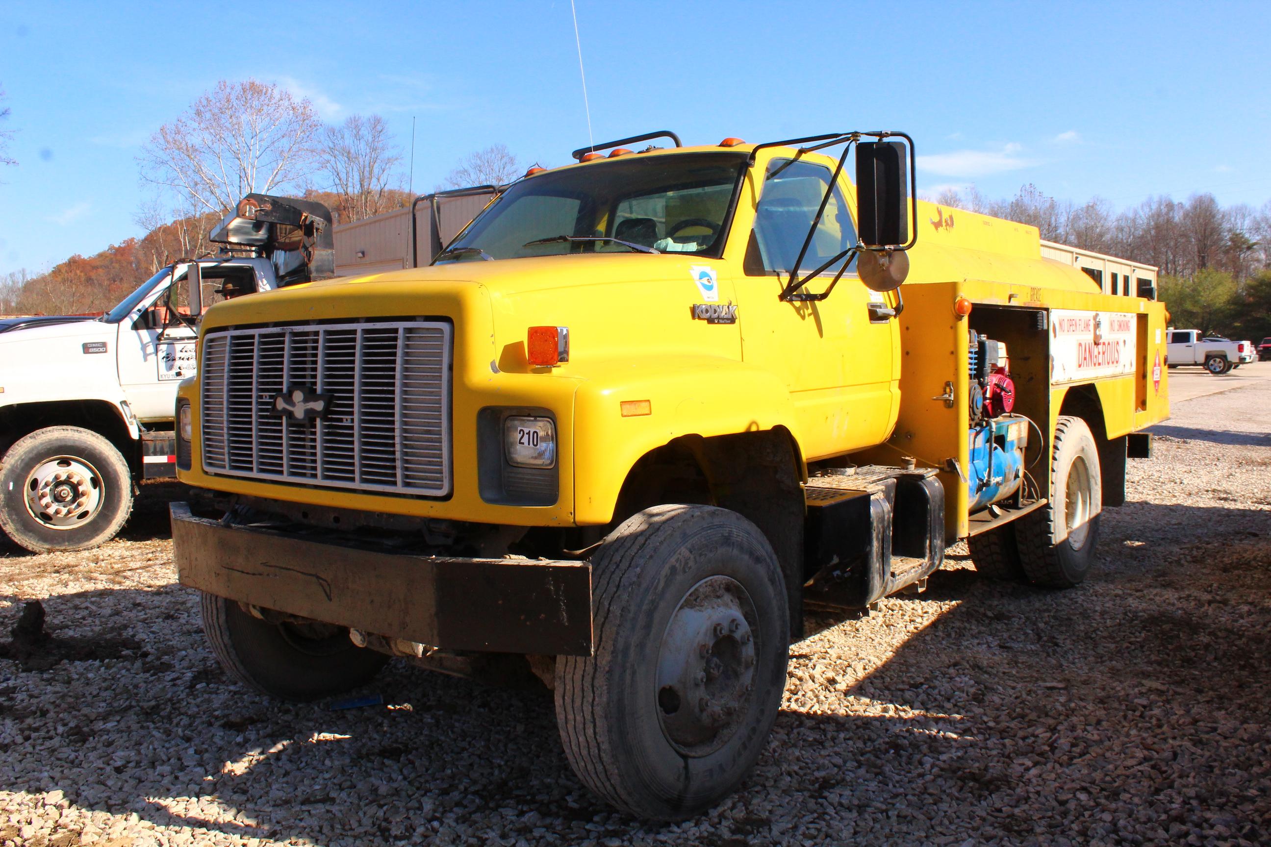 CHEVY KODIAK FUEL TRUCK CAT DSL ENG, AIR COMPRESSOR, LUBE TRUCK, FUEL TRUCK, HOLDS 700 GAL ON FUEL,