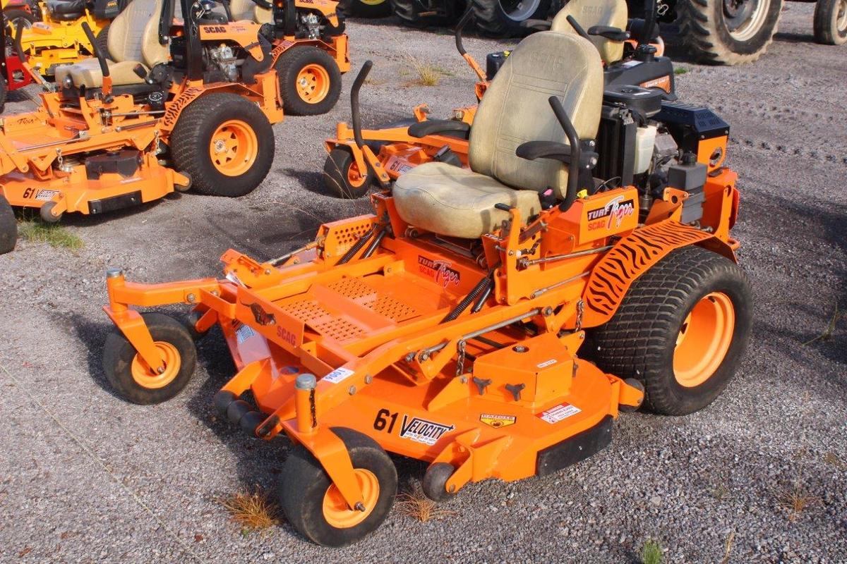 SCAG TURF TIGER 61" CUT 27HP, KAWASAKI ENGINE, SHOWING 602 HRS, S# 7741129, TAG# 5118