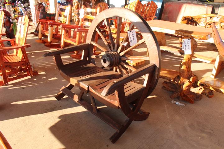 TEAK WOOD WAGON WHEEL BENCH