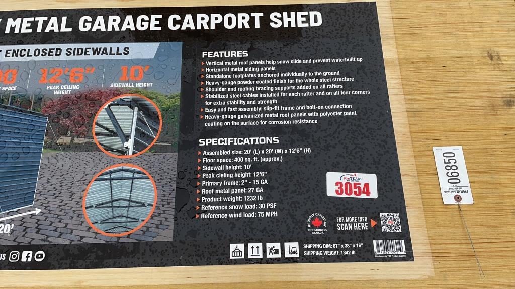 UNUSED TMG 20' X 20' METAL CARPORT