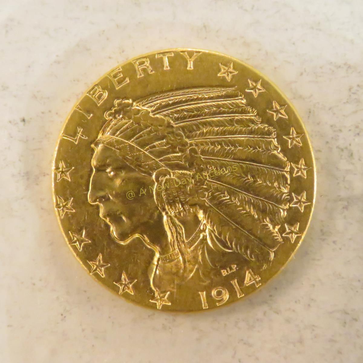 1914 D $5 Gold Indian Head Half Eagle MS60