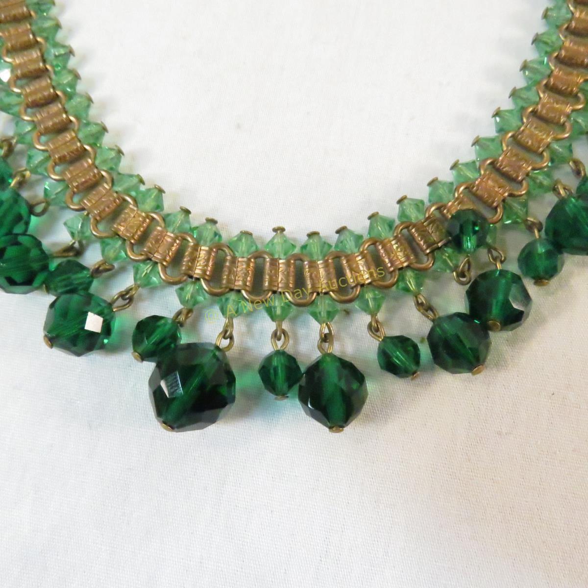 Antique green glass bead choker necklace